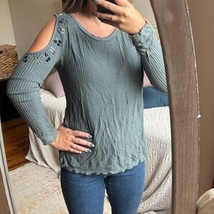 VENUS Beaded Cold Shoulder Long Sleeve Top in Teal